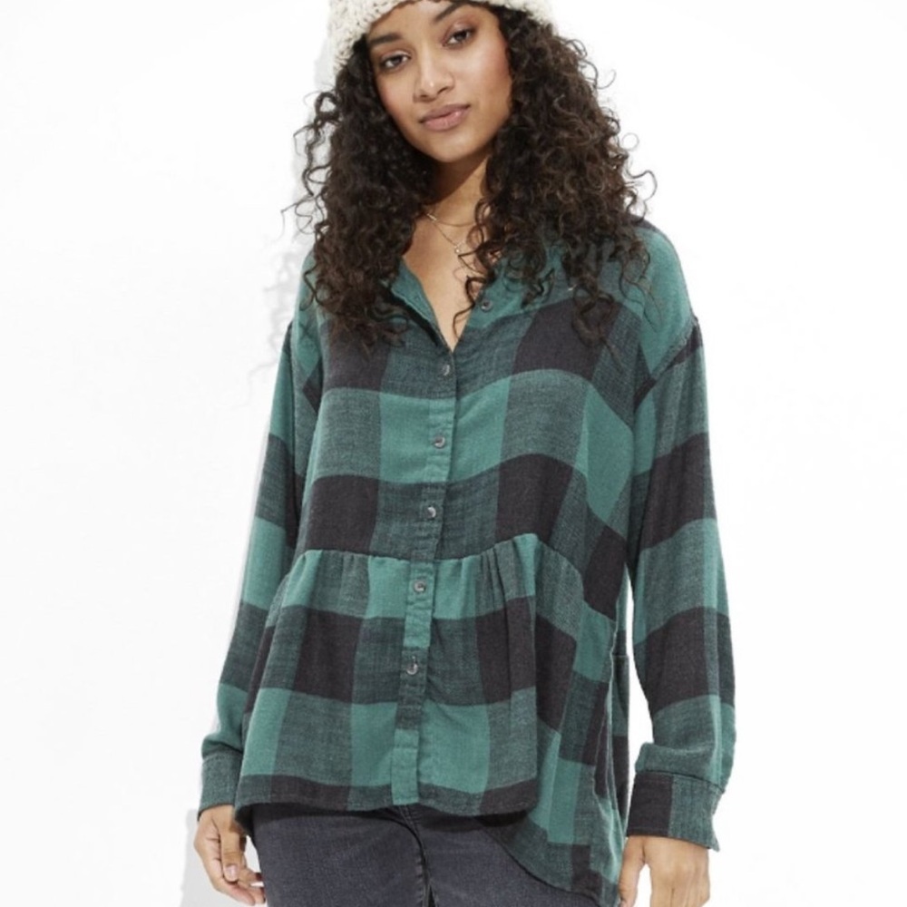 American Eagle Oversized Green & Black Buffalo Plaid Babydoll Flannel Shirt Sz S